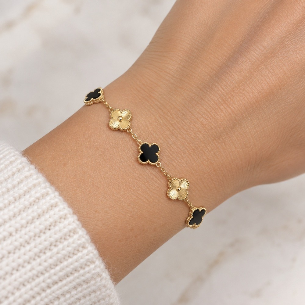 Gold Plated Black Clover Bracelet Womens Stainless Steel Adjustable Jewelry